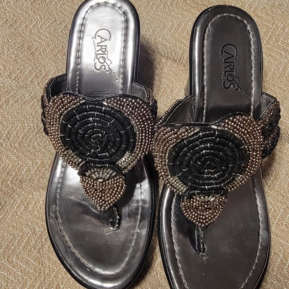 Carlos  Santa Apache Black & Silver Pewter Beaded Wedge Slides S 6 Gently loved